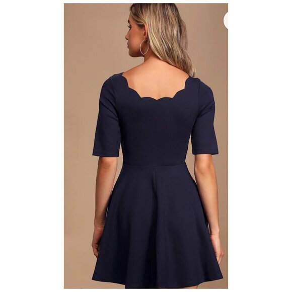 Lulus NWT Tip the Scallops Navy Blue Scalloped Skater Dress Cocktail Womens Sz S - Picture 11 of 14